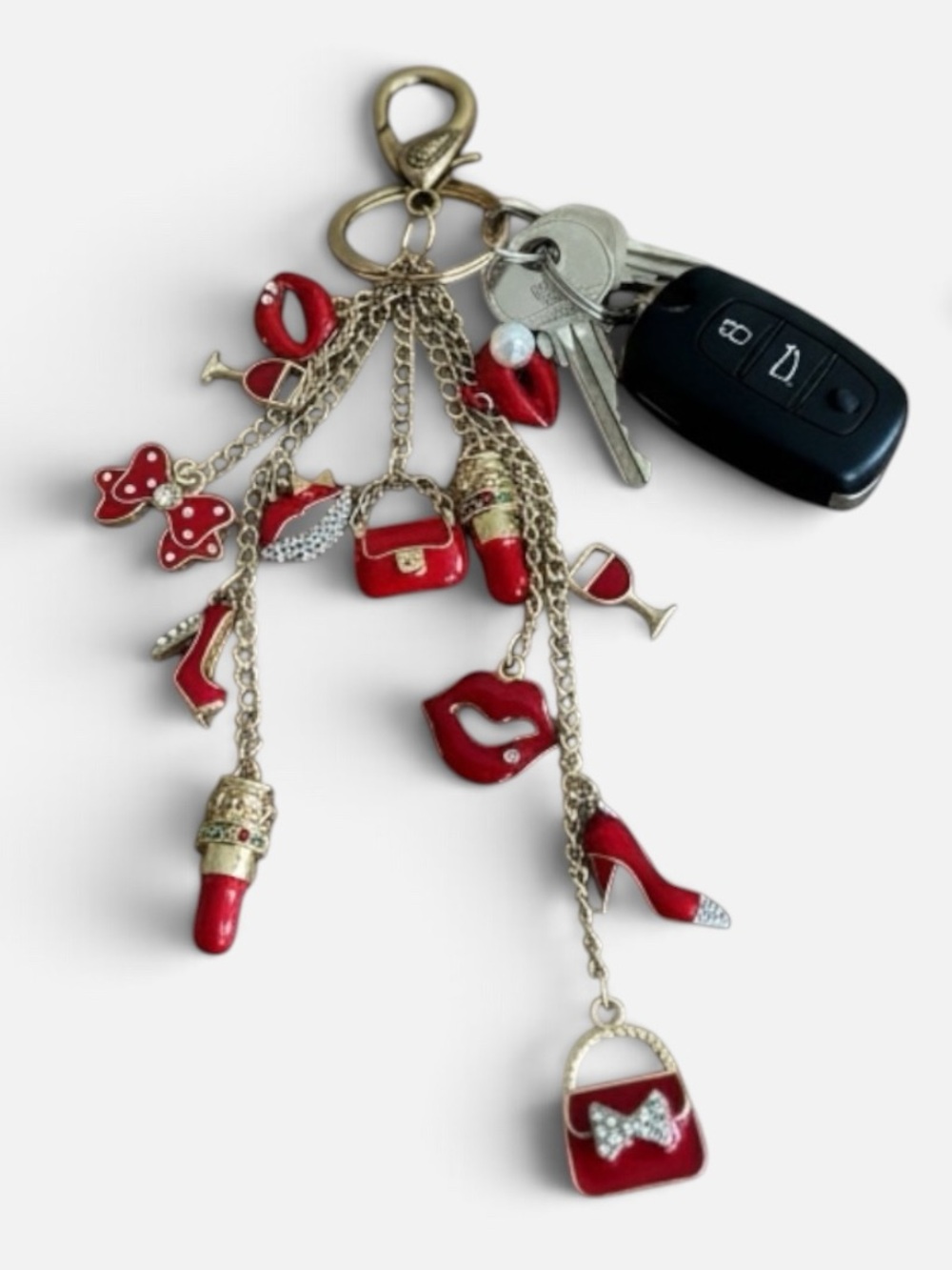 HAND CRAFTED RED & GOLD CHARM KEYCHAIN BAG ACCESSORY Bags Lips Heels & Wine - Picture 6 of 6